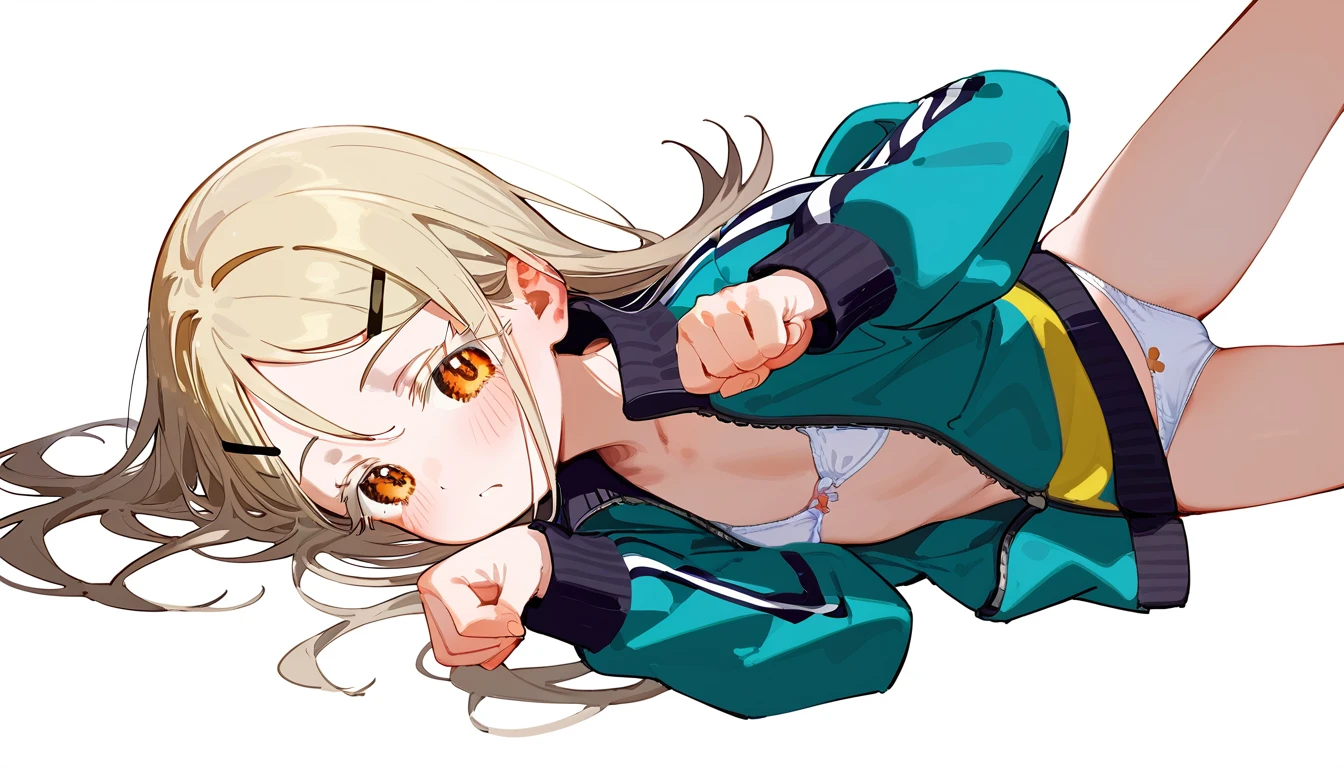 Highest quality, masterpiece, No correction, Beark,shinosawa hiro,thin,Orange eyes,White eyelashes,Blonde,Long Hair,Hair Clip,Track jacket,cute panties, Head Focus, Open shirt,flat chest,white background,lying,paw pose,blush,