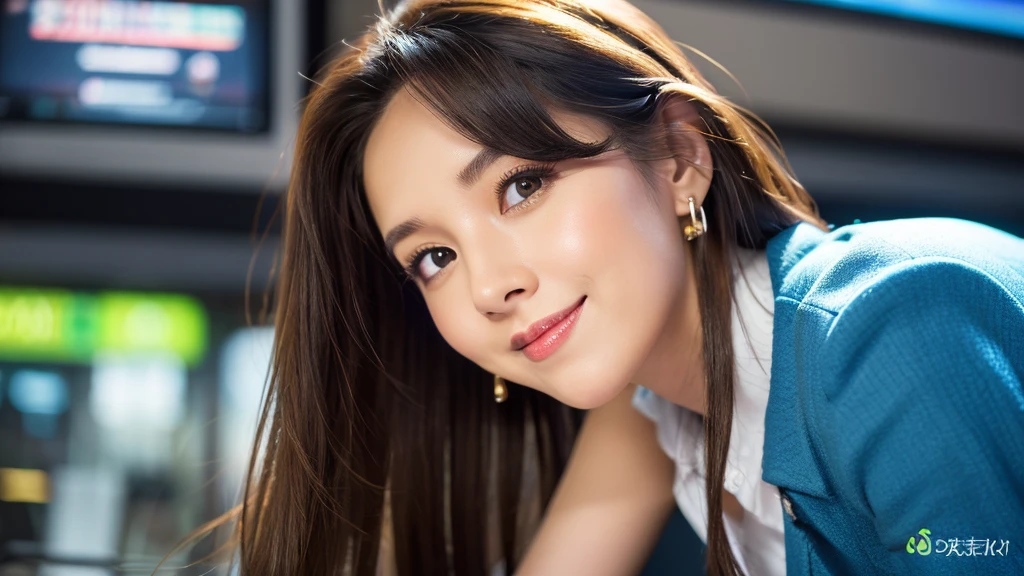 one person、female newscaster、young、beautiful、Female announcer、Shaped face contour、Long Hair、Brown Hair、Fine iris、Elegant、Sexy face、Glowing Skin、Juicy lips、An open, seductive smile、Thick eyelasheodel Body Type、Earrings、black stockings、blush、suit、Tight mini skirt、Perfect lighting、Perfect Shadow、Perfect Anatomy(((masterpiece))), ((highest quality)), ((Super detailed)), (CG illustration), (Very wicked and beautiful)), (Cute Desktop Face)