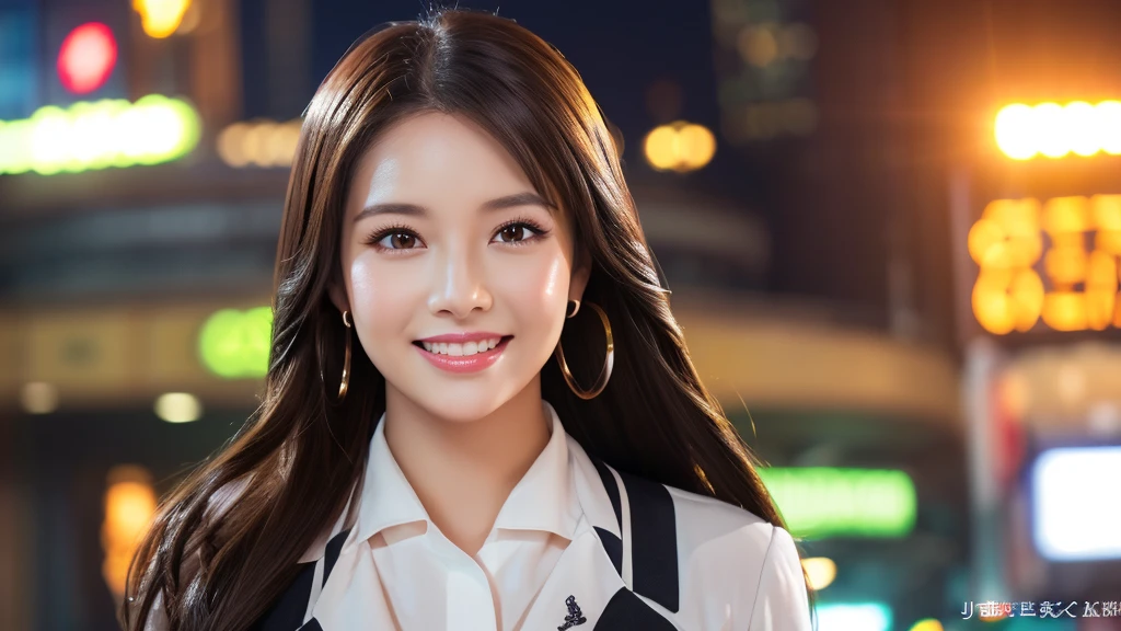 one person、female newscaster、young、beautiful、Female announcer、Shaped face contour、Long Hair、Brown Hair、Fine iris、Elegant、Sexy face、Glowing Skin、Juicy lips、An open, seductive smile、Thick eyelasheodel Body Type、Earrings、black stockings、blush、suit、Tight mini skirt、Perfect lighting、Perfect Shadow、Perfect ???????(((masterpiece))), ((highest quality)), ((Super detailed)), (CG illustration), (Very wicked and beautiful)), (Cute Desktop Face)