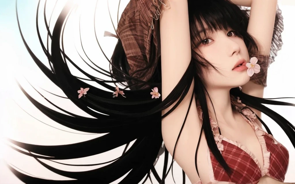 Illustration of a young woman with long black hair, vibrant red eyes and a flower in the mouth. She is wearing a purple plaid bra with ruffles and a matching headband.. Her hair is flowing dramatically around her and she is looking up.