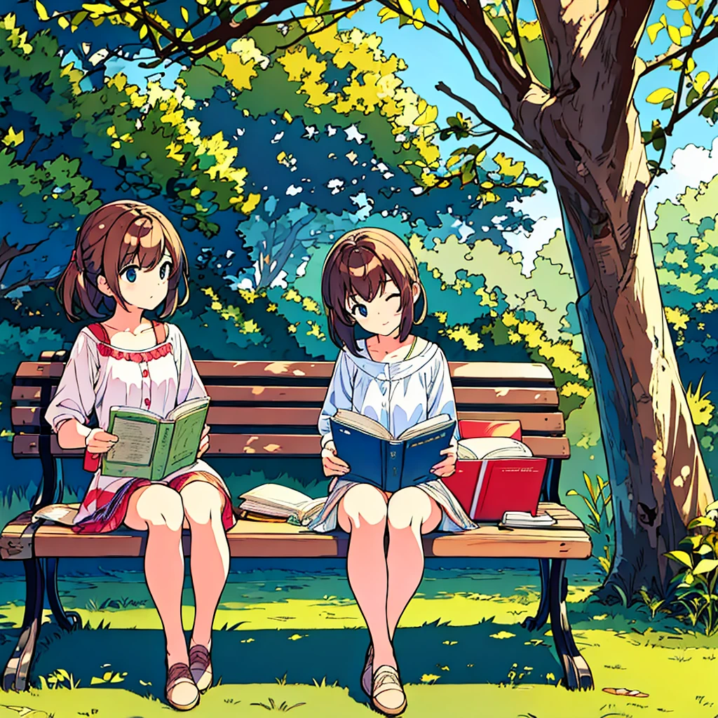 Summer A girl is sitting on a bench Sunlight through the trees Simple Nostalgic Reading a book