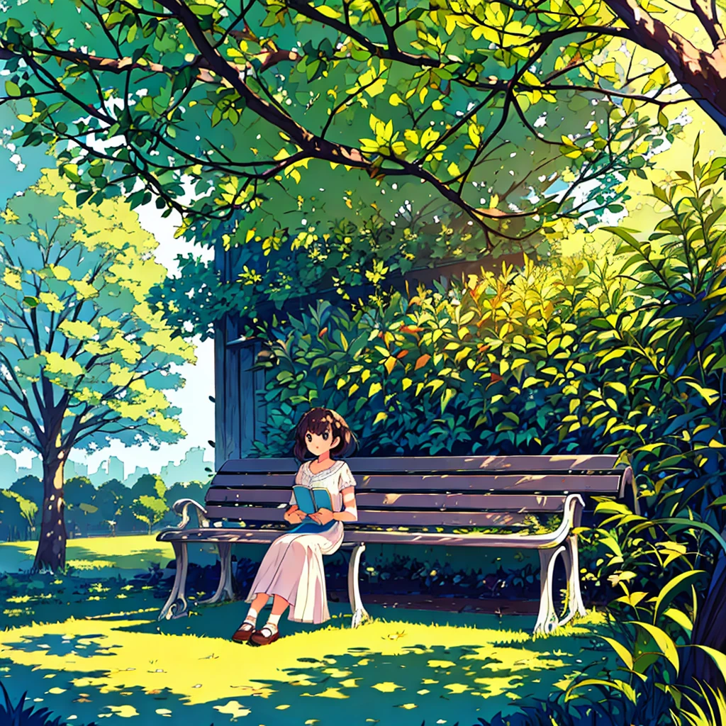 Summer A girl is sitting on a bench Sunlight through the trees Simple Nostalgic Reading a book