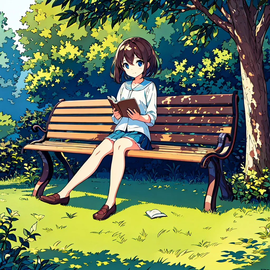 Summer A girl is sitting on a bench Sunlight through the trees Simple Nostalgic Reading a book