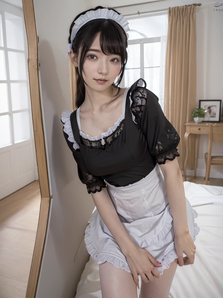 (Highest quality:1.9)、(High resolution)、Live-action image quality、((20-year-old woman、1 person))、Soft lighting by a professional photographer、Natural light、((Very spacious white luxurious room:1.6))、((Bright white room:1.6))、(Standing in front of a very luxurious white bed:1.2)、(White bookshelf background:1.1)、Natural soft light、((Black Hair Color:1.1))、Fair skin、Detailed Eyes、double eyelid、Slightly puffy cheeks、((Small Face:1.0))、(Black lace frilly maid outfit:1.5)、(black maid_cosplay:1.5), (breasts, puffy short sleeves, puffy sleeves, short sleeves, maid headdress, chain, frills, cowboy shot, large breasts, pointy hair, gloves,gothic, gothic maid)、(Cute Smile)、((Girly pose 1.8))、((Curly Hair:1.1))、((Full Body Shot:1.2))、((Height: 165cm))、Hands in front、Holding hands in front of the apron