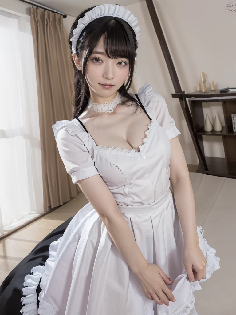 (Highest quality:1.9)、(High resolution)、Live-action image quality、((20-year-old woman、1 person))、Soft lighting by a professional photographer、Natural light、((Very spacious white luxurious room:1.6))、((Bright white room:1.6))、(Standing in front of a very luxurious white bed:1.2)、(White bookshelf background:1.1)、Natural soft light、((Black Hair Color:1.1))、Fair skin、Detailed Eyes、double eyelid、Slightly puffy cheeks、((Small Face:1.0))、(Black lace frilly maid outfit:1.5)、(black maid_cosplay:1.5), (breasts, puffy short sleeves, puffy sleeves, short sleeves, maid headdress, chain, frills, cowboy shot, large breasts, pointy hair, gloves,gothic, gothic maid)、(Cute Smile)、((Girly pose 1.8))、((Curly Hair:1.1))、((Full Body Shot:1.2))、((Height: 165cm))、Hands in front、Holding hands in front of the apron