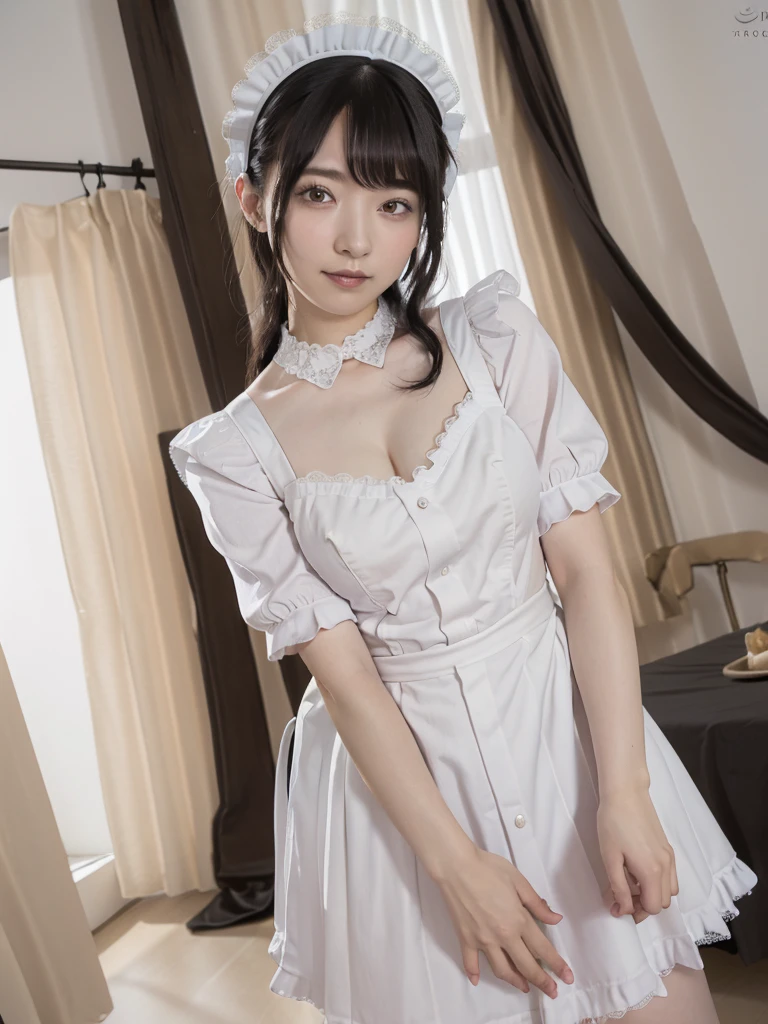 (Highest quality:1.9)、(High resolution)、Live-action image quality、((20-year-old woman、1 person))、Soft lighting by a professional photographer、Natural light、((Very spacious white luxurious room:1.6))、((Bright white room:1.6))、(Standing in front of a very luxurious white bed:1.2)、(White bookshelf background:1.1)、Natural soft light、((Black Hair Color:1.1))、Fair skin、Detailed Eyes、double eyelid、Slightly puffy cheeks、((Small Face:1.0))、(Black lace frilly maid outfit:1.5)、(black maid_cosplay:1.5), (breasts, puffy short sleeves, puffy sleeves, short sleeves, maid headdress, chain, frills, cowboy shot, large breasts, pointy hair, gloves,gothic, gothic maid)、(Cute Smile)、((Girly pose 1.8))、((Curly Hair:1.1))、((Full Body Shot:1.2))、((Height: 165cm))、Hands in front、Holding hands in front of the apron