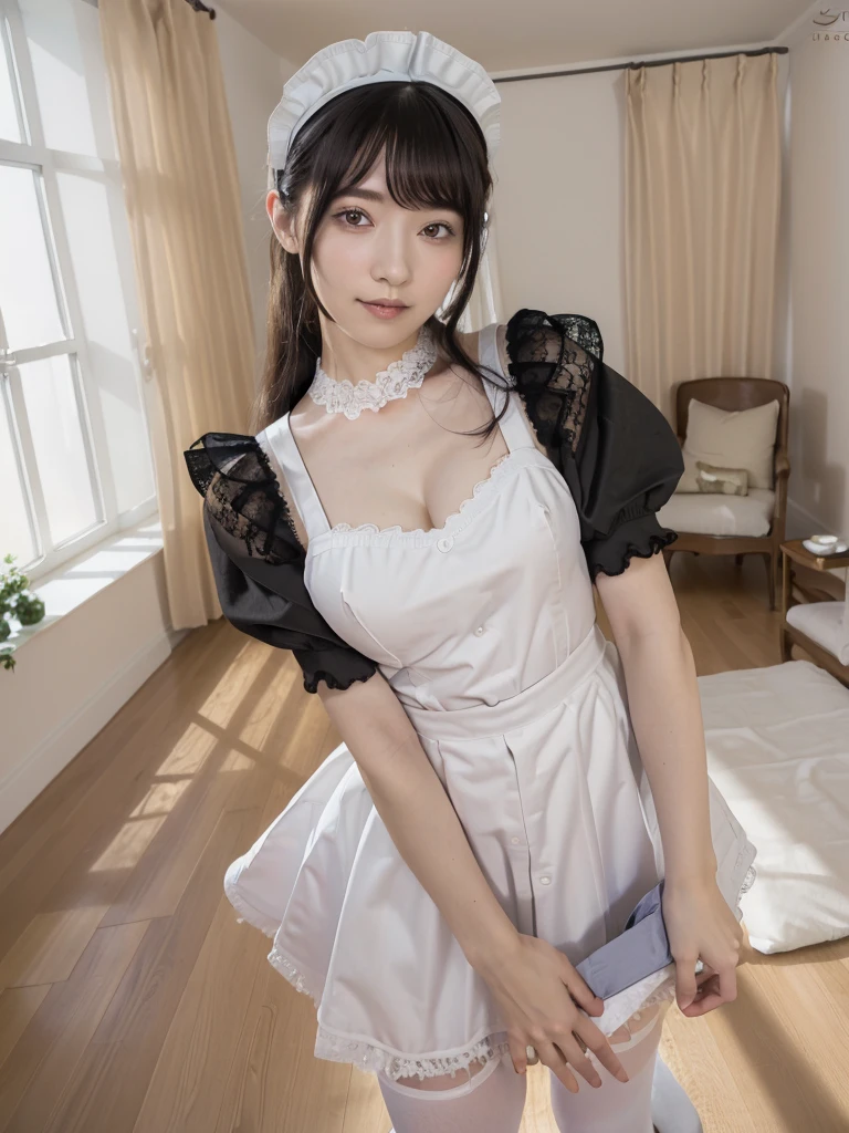 (Highest quality:1.9)、(High resolution)、Live-action image quality、((20-year-old woman、1 person))、Soft lighting by a professional photographer、Natural light、((Very spacious white luxurious room:1.6))、((Bright white room:1.6))、(Standing in front of a very luxurious white bed:1.2)、(White bookshelf background:1.1)、Natural soft light、((Black Hair Color:1.1))、Fair skin、Detailed Eyes、double eyelid、Slightly puffy cheeks、((Small Face:1.0))、(Black lace frilly maid outfit:1.5)、(black maid_cosplay:1.5), (breasts, puffy short sleeves, puffy sleeves, short sleeves, maid headdress, chain, frills, cowboy shot, large breasts, pointy hair, gloves,gothic, gothic maid)、(Cute Smile)、((Girly pose 1.8))、((Curly Hair:1.1))、((Full Body Shot:1.2))、((Height: 165cm))、Hands in front、Holding hands in front of the apron