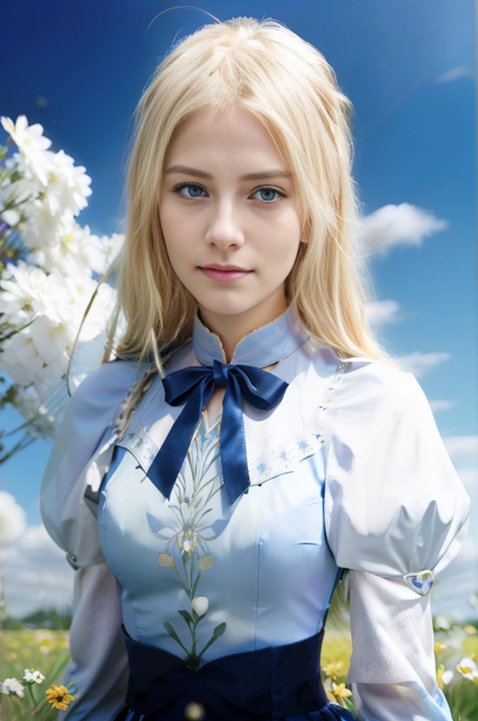 Blonde british girl with blonde hair and blue eyes standing in a field of flowers, artoria pendragon, fate / stay night, like fate/stay night, violet evergarden, fate zero, fate/zero, fate stay night, blonde girl named lucy, offici still, official art, fate grand order, realistic ultra photorealistic, realistic, 4k