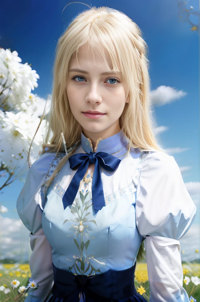 Blonde british girl with blonde hair and blue eyes standing in a field of flowers, artoria pendragon, fate / stay night, like fate/stay night, violet evergarden, fate zero, fate/zero, fate stay night, blonde girl named lucy, offici still, official art, fate grand order, realistic ultra photorealistic, realistic, 4k