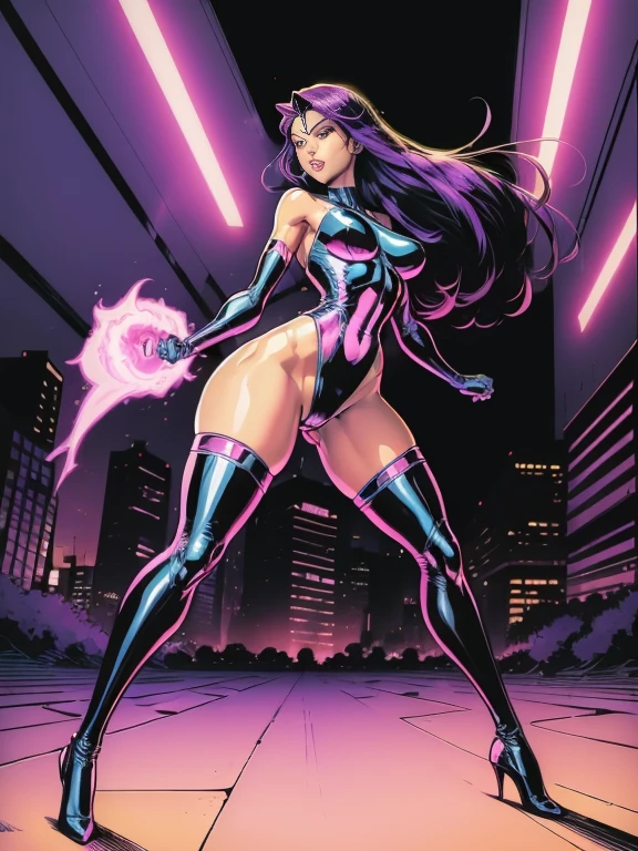 (((COMIC STYLE, CARTOON ART))). ((1 girl)), lonly, A comic-style image of Psylocke, with her as the central figure. She is standing, with her hands holding two katanas. She wears a purple and pink costume, with a purple and pink mask. She has long, straight purple hair, purple eyes, and red lips. (((Hot body, sexy, sensual, camel toes))), She is surrounded by a night city, with skyscrapers, bridges and lights. She has a determined and confident expression, as if she is ready to fight crime. black and white.