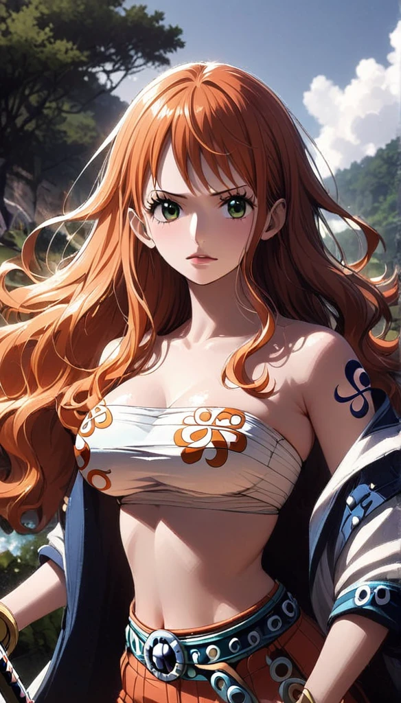 masterpiece, best quality), intricate details, 1 girl, woman, green hair, nami \ (one piece\), (long hair), shirt, white shirt, female focus, clothes, orange colour kimono, sarashi, nature, scenery, upper body, straw hat, ((front view)) ((close up shot)) ((solo)) ((hair over one side of face)) detailed, very high resolution, no blurry image, full body, green eyes, sligh wavy hair, ((nami from one piece)) ((female nami from one piece)), holding katana 