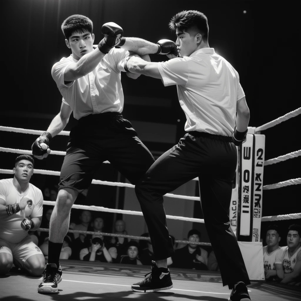 handsome character in boxing stance with crowd in background, hajime no ippo manga inspired, in a fighting stance, detailed character art, realistic