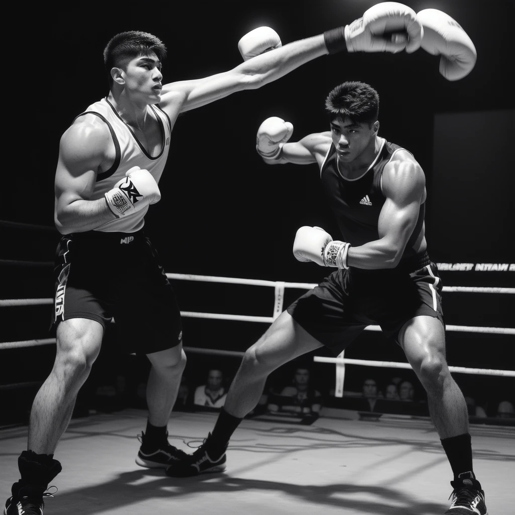 handsome character in boxing stance with crowd in background, hajime no ippo manga inspired, in a fighting stance, detailed character art, realistic