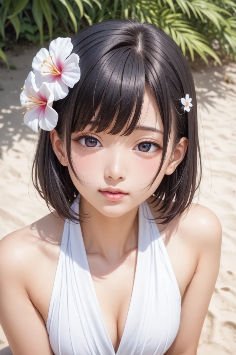 score_9,score_8_superior,score_7_superior,8K, High resolution, 5 years old、beautiful girl, bright black hair, Thin Hair, Small face, cute、Highest quality,Japanese face、small mole on the corner of the eye,((Puffy eyes))、(superior目づかい)、Short Bob、Look at the opponent、Beach、口角superiorがる、Beautiful legs、Flower Hair Ornaments、sexy、Sensual、Blushing