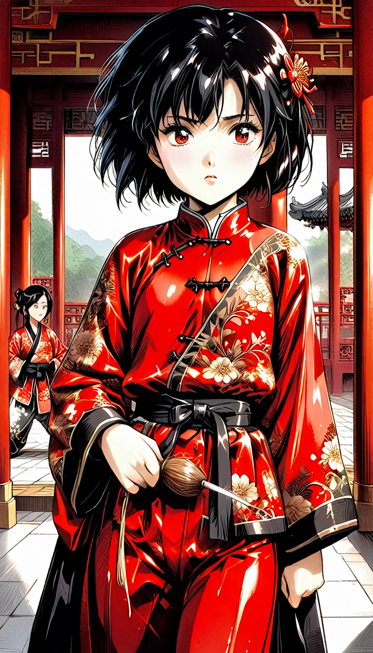 A tragic historical drama depicted in 8K live-action style: Beautiful palace secrets　A beautiful 10-year-old Chinese kung fu girl with short black hair, Hime、Forced to wear excrement pants　Gorgeous embroidery, Ultra glossy, She is wearing a shiny red top and bottom long sleeve floral pajama kung fu suit....　　　