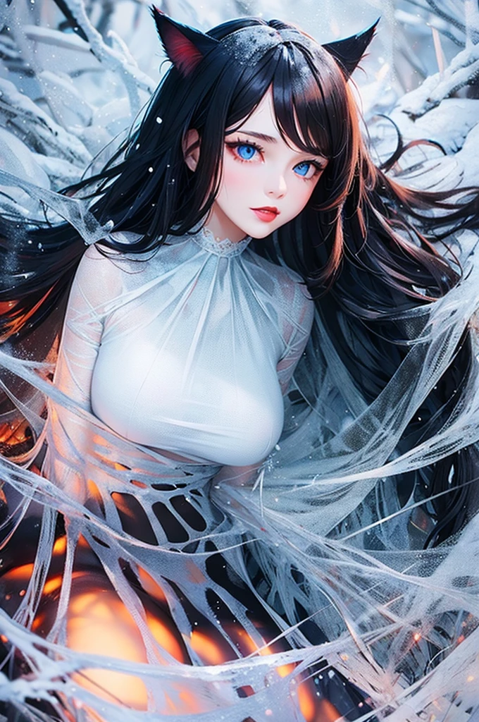 Top Quality, Realistic, Jet Black Background, High Resolution, Soft Focus, (Snowfall: 1.5), (Haze: 1.5), (In the Deep Forest), (Falling Snow), ((Snow Light)), (Blowing Snow)), (Snow Storm))))), (Ghost of a beautiful snow woman with jet-black long black hair in a white silver yukata), (((Gradually transparent from the waist: 1.5)))), anger, rage, melancholy, shaking black hair, hair luster, Shining skin, beautiful and beautiful, bewitching, chaotic, depth of field, (ghost: 1.5), (losing yourself in anger and forgetting the cold)), ((arms spread forward)), (monochrome: 1.5), (black and white: 1.5), (glaring platinum eyes), full body, bare feet