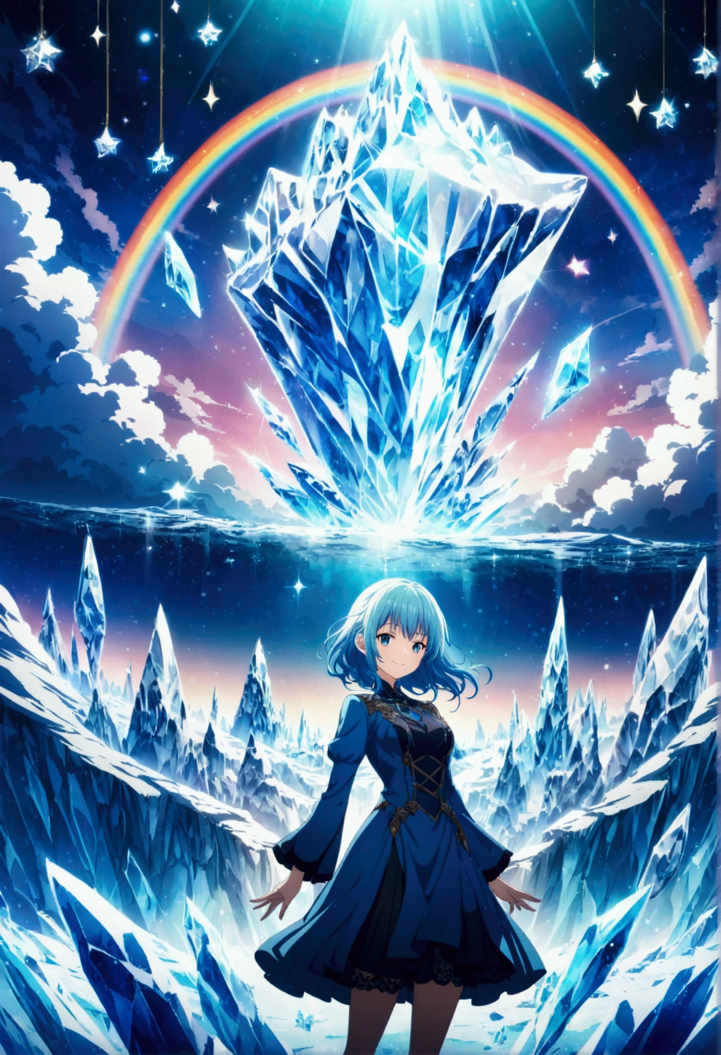Anime style, ultra-detailed, 8K CG, blue-haired girl, smile, mysterious blue objects floating, star, musical note, rainbow, ice, ice world