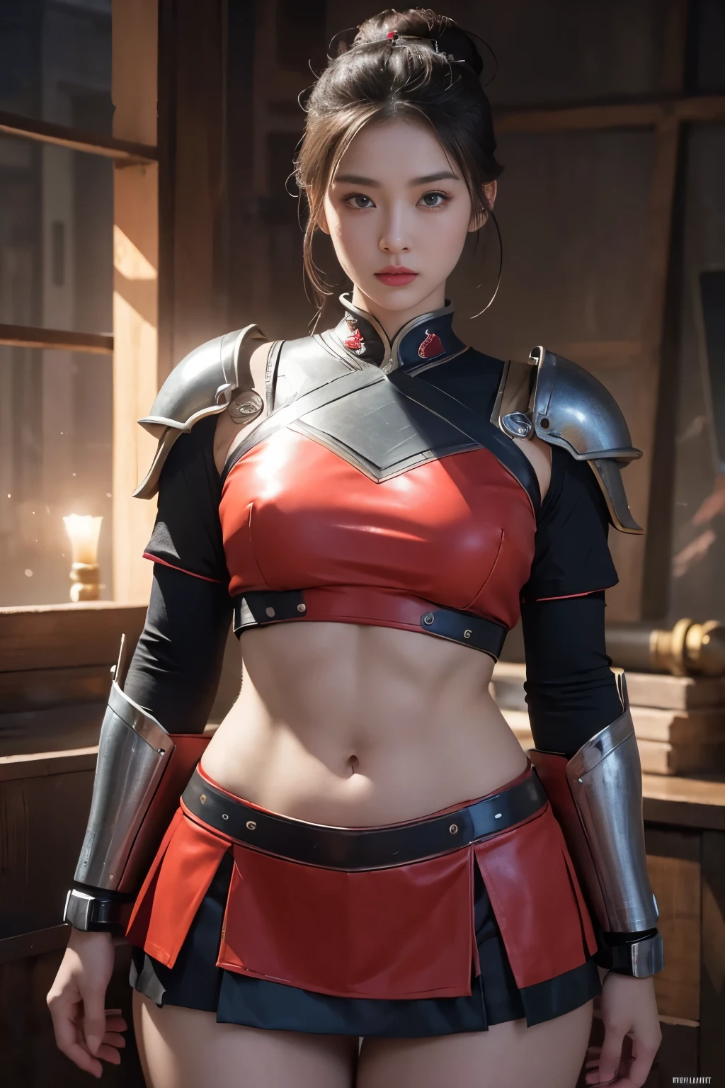 girl with beautiful face,detailed eyes,detailed lips,detailed face and features,long eyelashes,bun hairstyle,plump body,perfect abs,big thighs,mini skirt,mechanical body,ninja style,red armor,battlefield,masterpiece,photorealistic,highly detailed,cinematic lighting,vibrant colors,epic fantasy,concept art