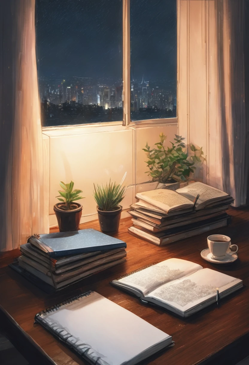 A highly detailed image of a cozy room table , a sketchbook and a pencil on the table , the table is beside a window with beautiful city view of the night , rainy weather 