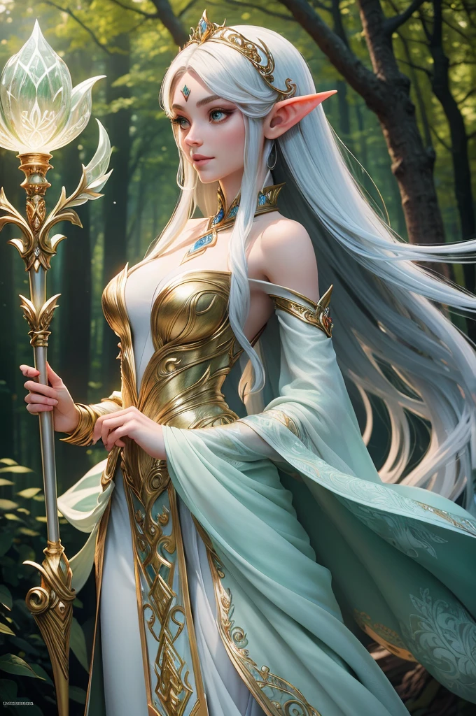 elfa
A beautiful elf with long flowing silver hair, piercing emerald eyes, and delicate pointed ears. She has a slender and graceful figure, dressed in a flowing ethereal gown made of shimmering moonlight fabric. The gown is adorned with intricate silver embroidery and delicate floral patterns, adding to the enchanting aura surrounding her. The elf is standing amidst a magical forest, with sparkling fairy lights illuminating the surroundings. The vibrant green leaves of the towering trees create a mesmerizing backdrop. Sunlight filters through the branches, casting ethereal rays of golden light on the elf's radiant face. She holds a magical staff in her hand, which emits a soft glowing energy, revealing her strong connection with nature. The atmosphere is filled with a sense of serenity and tranquility. The colors in the scene are vibrant and saturated, with a touch of mystical hues, enhancing the magical ambiance. The lighting is soft and gentle, with a warm golden glow, creating a dreamlike and otherworldly atmosphere. The image quality is of the highest standard, with ultra-detailed rendering capturing every intricate detail of the elf's features and the surrounding environment. The overall style of the image is fantasy art, with a blend of realism and a touch of surrealism, capturing the essence of the mystical and enchanting world of elves.