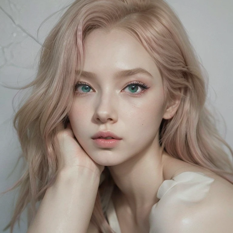young woman, long pink hair, wide forehead, porcelain skin, pink eyebrows, big emerald green eyes, buttoned nose, thick lips, heart-shaped face, slender body, small breasts, pink leather dress, Sakura Haruno, realistic, realism black details 3d