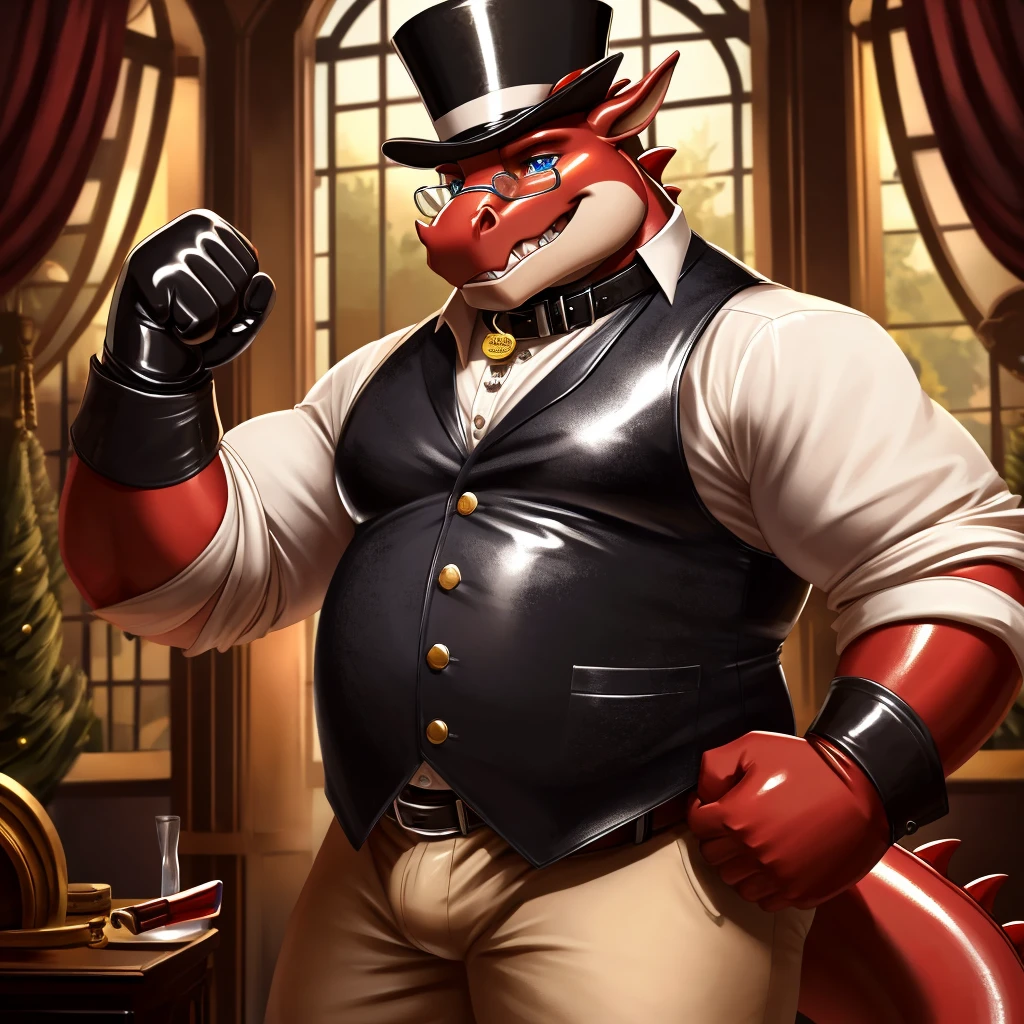 Solo, Male, fat, extremely obese, gentleman, dapper Professor Dragon, blue eyes, (posing:1.3), (soft shading), 4k, hi res, ((detailed face, detailed)), looking at viewer, mouth wide open, steampunk, collared shirt with buttons, top hat, male focus, Explorer Outfit, glasses, monocle, vest with buttons, sleeves rolled up, round eyewear, brown headwear, brown vest, Dragon is wearing a glossy leather dog collar around the neck, Dragon is wearing the leather collar and shirt and vest at the same time, Dragon is wearing glossy white rubber gloves on the hands, wearing white rubber gloves on the feet, gloves are rubber in texture, clenching teeth, clenching fists, leather collar is glossy and shiny with a lot of detail, Dragon is wearing gloves and leather collar at the same time, leather collar has a round dog-tag, leather collar is thick and detailed, leather collar is glossy and shiny, fancy clothing, dapper vest, dapper shirt, leather collar is thick.