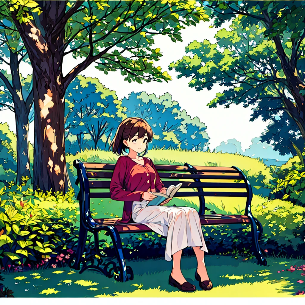 Summer A woman is sitting on a bench Sunlight through the trees Simple Nostalgic Reading a book
