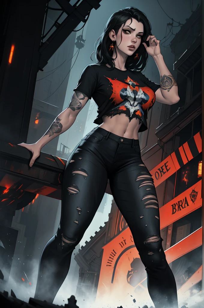 Aesthetic, horror Devil dark painterly style, modern ink, girl celina + Jil valentine withe black orange blood dark jeans short tshirts lua tattoo, expressive pose, urbanpunk, multi-layered perfect texture background, neo-expressionist, Russ Mills, Ian Miller, Harrison Fisher, Brian Froud, Jeremy Mann, Steadman , Hanuka, Klimt, Bell, Hobbie, Newton, greg rutkowski, atmospheric, hyperdetail, artstation trend, artgerm, deviant art, octane, masterpiece, complex art, intricat