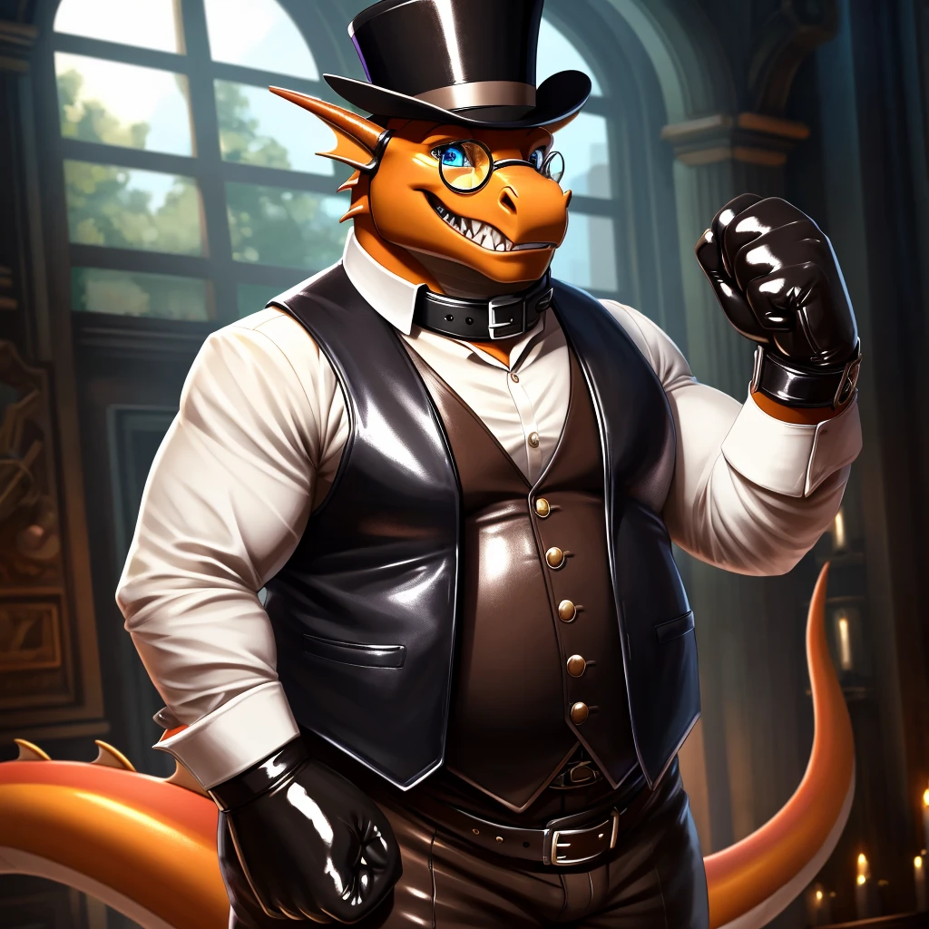 Solo, Male, fat, extremely obese, gentleman, dapper Professor Dragon, blue eyes, (posing:1.3), (soft shading), 4k, hi res, ((detailed face, detailed)), looking at viewer, mouth wide open, steampunk, collared shirt with buttons, top hat, male focus, Explorer Outfit, glasses, monocle, vest with buttons, sleeves rolled up, round eyewear, brown headwear, brown vest, Dragon is wearing a glossy leather dog collar around the neck, Dragon is wearing the leather collar and shirt and vest at the same time, Dragon is wearing glossy white rubber gloves on the hands, wearing white rubber gloves on the feet, gloves are rubber in texture, clenching teeth, clenching fists, leather collar is glossy and shiny with a lot of detail, Dragon is wearing gloves and leather collar at the same time, leather collar has a round dog-tag, leather collar is thick and detailed, leather collar is glossy and shiny, fancy clothing, dapper vest, dapper shirt, leather collar is thick.