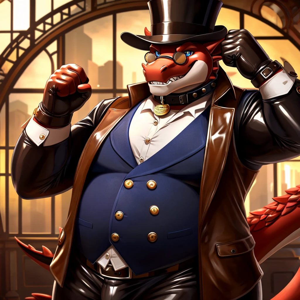 Solo, Male, fat, extremely obese, gentleman, dapper Professor Dragon, blue eyes, (posing:1.3), (soft shading), 4k, hi res, ((detailed face, detailed)), looking at viewer, mouth wide open, steampunk, collared shirt with buttons, top hat, male focus, Explorer Outfit, glasses, monocle, vest with buttons, sleeves rolled up, round eyewear, brown headwear, brown vest, Dragon is wearing a glossy leather dog collar around the neck, Dragon is wearing the leather collar and shirt and vest at the same time, Dragon is wearing glossy white rubber gloves on the hands, wearing white rubber gloves on the feet, gloves are rubber in texture, clenching teeth, clenching fists, leather collar is glossy and shiny with a lot of detail, Dragon is wearing gloves and leather collar at the same time, leather collar has a round dog-tag, leather collar is thick and detailed, leather collar is glossy and shiny, fancy clothing, dapper vest, dapper shirt, leather collar is thick, glossy leather collar.