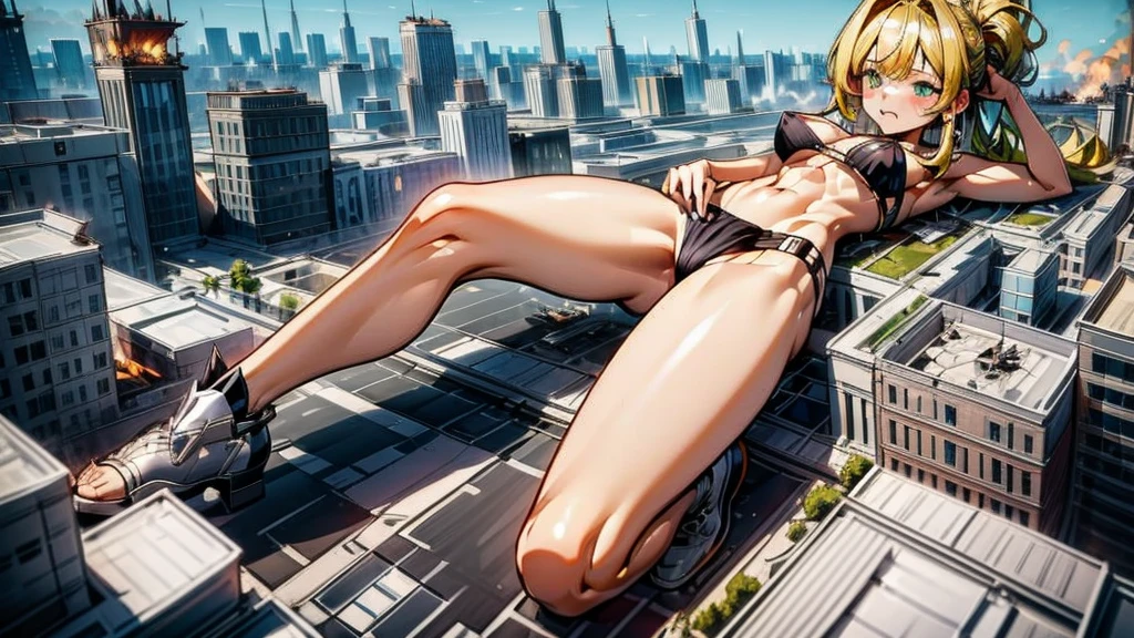 Giantess, long sexy legs, yellow hair, bikini,lying on top of destroyed buildings, city at her feet burns in flames for the destruction she has caused, tiny people climb on her body to try to defeat her uselessly. Giantess, goddess, macrophilia, curvaceous body, hentai, fetish, sexy legs, bikini, high heels, high quality, tiny people, people climbing body, giantess body, small people, crew of tiny people