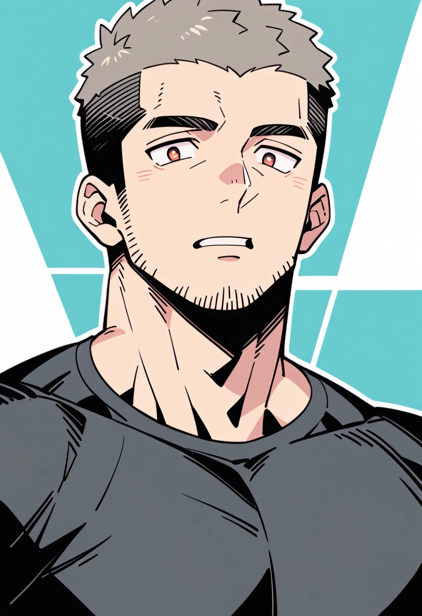 anime characters：Priapus, Muscle Sports Student, Buzz Cut, Manliness, male focus, Light Grey high collar long sleeve tight T-shirt, Very tight, full and perky chest muscles, muscular male, muscular, only, Upper body, alone, Black short hair, Thick eyebrows, stubble, Brown-red pupils, White background, simple background, amazing quality, best aesthetics, Ridiculous, crew cut, parted lips, flustered, endured face, negative space, projected inset, best quality