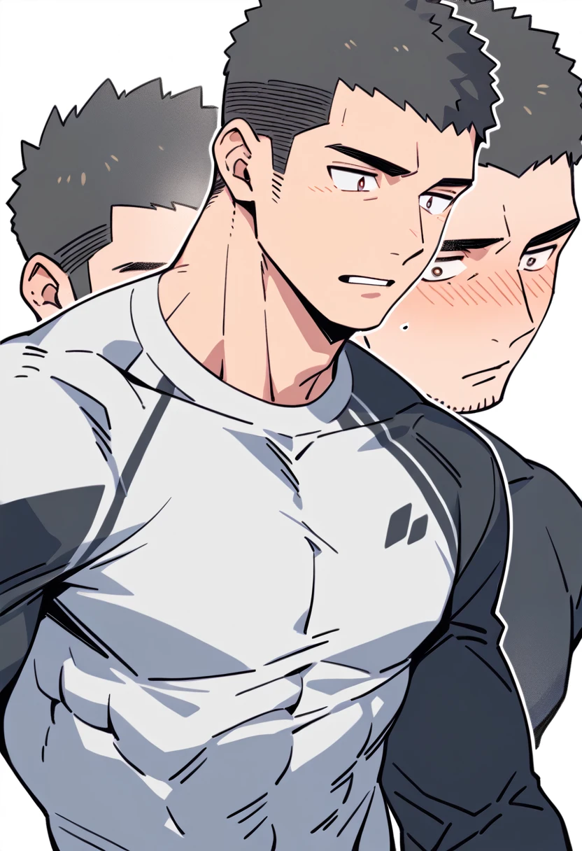anime characters:Priapus, Muscle Sports Student, Buzz Cut, Manliness, male focus, Light Grey high collar long sleeve tight T-shirt, Very tight, full and perky chest muscles, muscular male, muscular, only, Upper body, alone, Black short hair, Thick eyebrows, stubble, Brown-red pupils, White background, simple background, amazing quality, best aesthetics, Ridiculous, crew cut, parted lips, flustered, endured face, negative space, projected inset, best quality