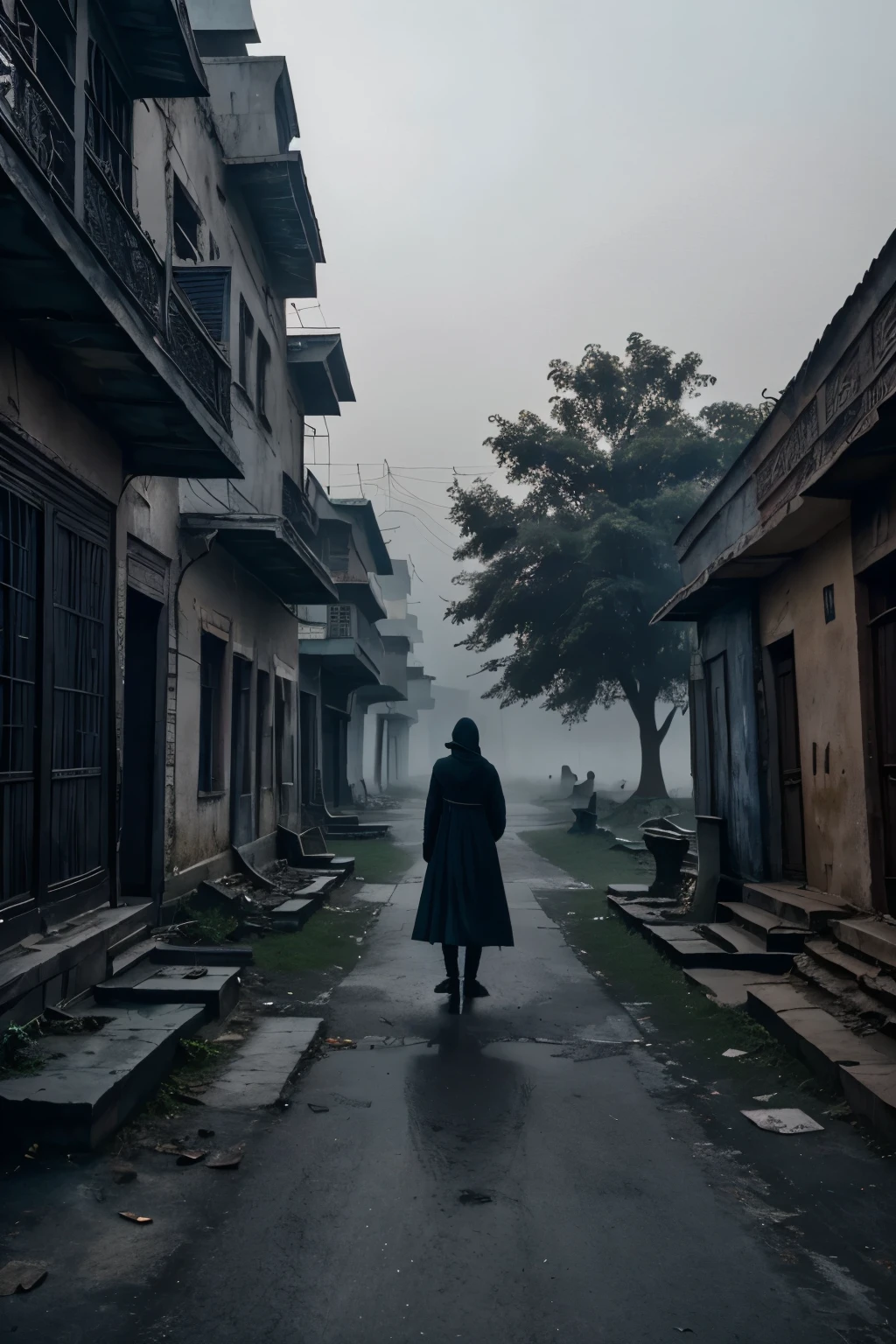 1. **Background**: Ek abandoned village path ya street, jismein kam light ho aur thoda foggy atmosphere ho. Yeh jagah bilkul silent aur isolated dikhe.
2. **Lighting**: Dim aur eerie lighting jo shadows create kare, jaise ki street lights jo partially functional hon ya phir moonlight jo clouds se partially cover ho.
3. **Atmosphere**: Thoda mist ya fog jo jagah ko aur mysterious aur unsettling banaye. Is atmosphere mein ek sense of eeriness aur anticipation ho.
4. **Elements**: Kuch old, dilapidated buildings ya havelis jo neglected aur creepy dikhe. Ek nearby graveyard ya cemetery jo partially visible ho.
5. **Detail**: Shadows aur silhouettes jo natural elements ya kuch unexplained supernatural elements ko hint karte ho, jaise ki kuch dark figures ya koi strange shapes.
6. **Color Palette**: Dark colors jaise ki blacks, greys, deep blues aur maybe hints of reds (for a bloody effect) ka use.