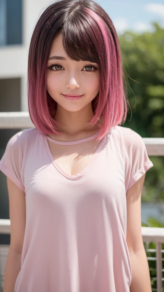 (1 girl),(Best Picture Quality, 8K, Masterpiece:1.3), (high  student:1.5), ((pink lob hair:1.1)), (bob cut),(swept bangs), (cute eyes, pupil black, iris skyblue, youthful face), (mole under right eye), (standard weight), (small breasts), (glistening skin:1.1),(pale skin:1.2),(t-shirt),((Gyaru fashion:1.3)),(wet:1.1),((summer scene:1.2)),(magnificent view),(overlooking),(Smile).