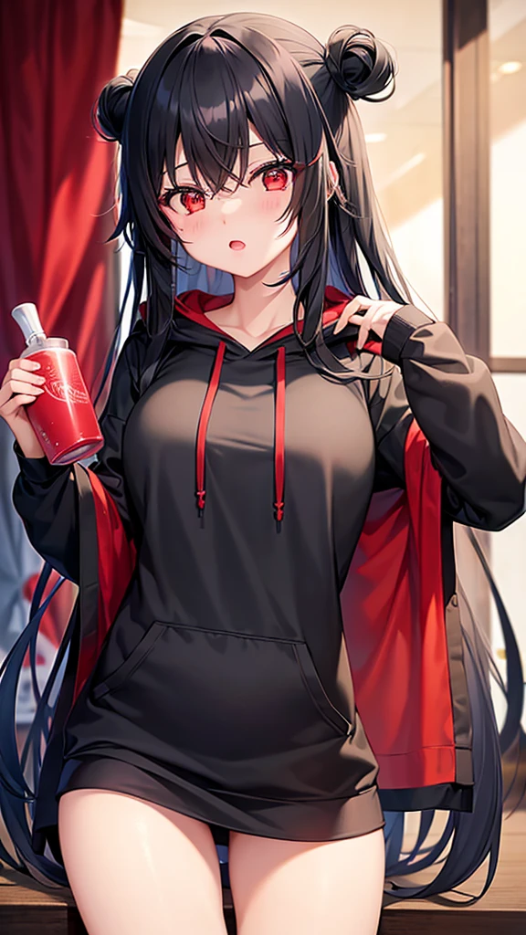 One girl、Red eyes、Black Hair、Black hoodie、Too much exposure、cute