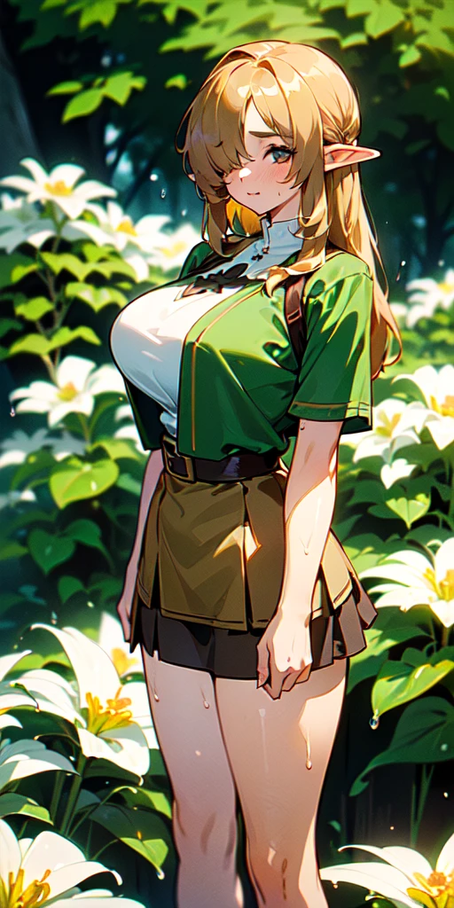 (((masterpiece, best quality, High Resolutions, 1girl, Hair over one eye, bronde, short miniskirt, Standing, outdoor, Flower ))), (link:1.5), legend of zelda, GS-womanly, bronde, Sweat, Wet, (gigantic breasts:1.2)