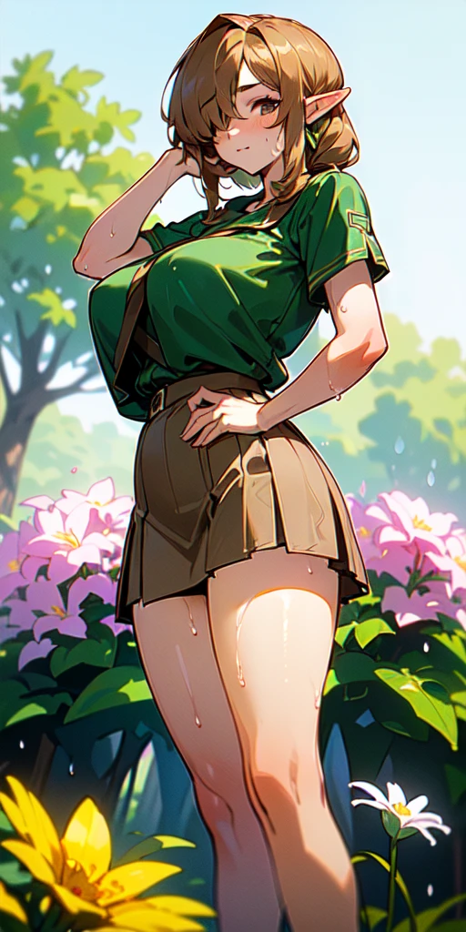 Green curl hair,Green eyes,Parker,flared skirt,mini skirt, Green panty,smile,Forest,cute