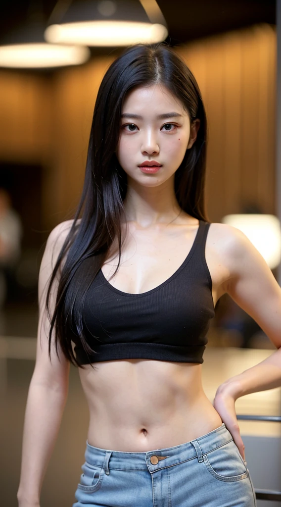 ((Best quality, 8k, Masterpiece :1.3)), 1girl, Pretty woman with slender abs, (Long hair, Ultra-detailed face, Detailed eyes, Double eyelid), small breast, v-neck tank top, short pants, dynamic lighting, depth of field, model pose, people crossing in background