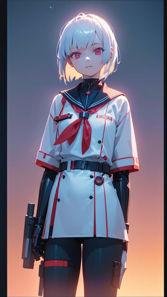 a girl with short white hair, red eyes, wearing a mechanical sailor uniform, standing in a night sky with neon colors and lights, holding two pistols and looking up diagonally, (best quality,4k,8k,highres,masterpiece:1.2),ultra-detailed,(realistic,photorealistic,photo-realistic:1.37),shallow depth of field