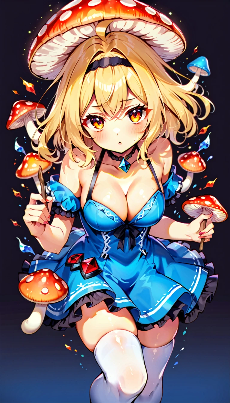a beautiful 20 year old blonde woman with big messy hair in a blue dress, white stockings, black headband, cleavage, holding a glowing mushroom, fantasy art style, rossdraws cartoon vibrant, alice in wonderland cyberpunk, cute detailed digital art, colorfull digital fantasy art, digital fantasy art ), glossy digital painting, rossdraws pastel vibrant, rossdraws 2. 5, rossdraws 1. 0