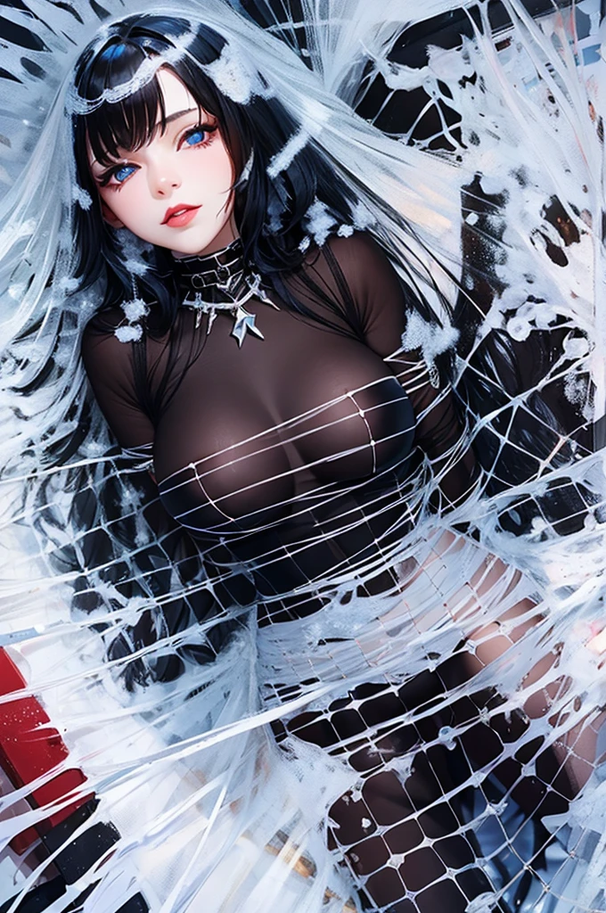 Detailed facial details,,1 girl,Red lips,Cat ear,Black long hair,Large Breasts,Slim,Mouth is tied,Wrapped in silk,Charming blue eyes,Collar,Radiant Skin,Winter snow
