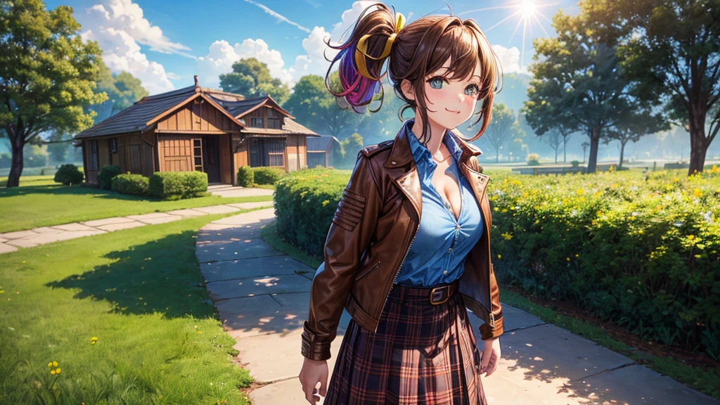 1girl, solo, summer, village, trees, sun, clouds, ((colorful hair)), curly hair, ponytail, large full breasts, ((brown leather jacket)), button down shirt, ((white shirt)), ((short sleeved shirt)), ((unbuttoned shirt)), unbuttoning buttons, cleavage 1:3, brown eyes, skirt, smile, looking at the viewer, standing, hair ribbon, golden necklate