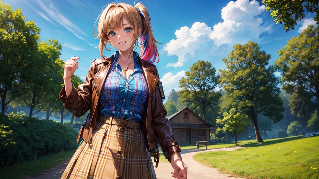 1girl, solo, ((full body)), summer, village, trees, sun, clouds, ((colorful hair)), side ponytail, large breasts, ((brown leather jacket)), button down shirt, ((blue checked shirt)), ((unbuttoned shirt)), unbuttoning buttons, cleavage 1:3 green eyes, grey skirt, smile, happy, looking at the viewer, standing, hair ribbon, golden necklate