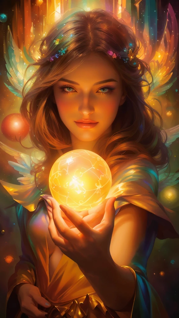 woman holding a crystal ball in her hand, art gelm julie bell beeple, art gelm detailed, art gelm portrait, Realistic fantasy painting, Shining with magic, Woman holding a sphere, art gelm. Anime illustration, Digital Art Fantasy Art, art gelm greg rutkowski _ greg, art gelm jsc, Beautiful fantasy art portraits、god々New rainbow background、Woman with wings on her back、Perfect Face、Beauty、エルフのBeauty