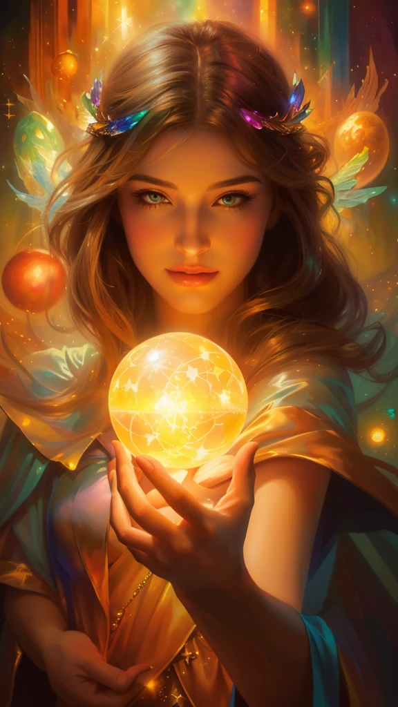 woman holding a crystal ball in her hand, art gelm julie bell beeple, art gelm detailed, art gelm portrait, Realistic fantasy painting, Shining with magic, Woman holding a sphere, art gelm. Anime illustration, Digital Art Fantasy Art, art gelm greg rutkowski _ greg, art gelm jsc, Beautiful fantasy art portraits、god々New rainbow background、Woman with wings on her back、Perfect Face、Beauty、エルフのBeauty