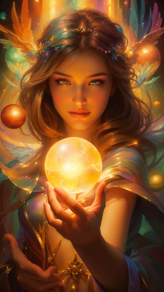 woman holding a crystal ball in her hand, art gelm julie bell beeple, art gelm detailed, art gelm portrait, Realistic fantasy painting, Shining with magic, Woman holding a sphere, art gelm. Anime illustration, Digital Art Fantasy Art, art gelm greg rutkowski _ greg, art gelm jsc, Beautiful fantasy art portraits、god々New rainbow background、Woman with wings on her back、Perfect Face、Beauty、エルフのBeauty