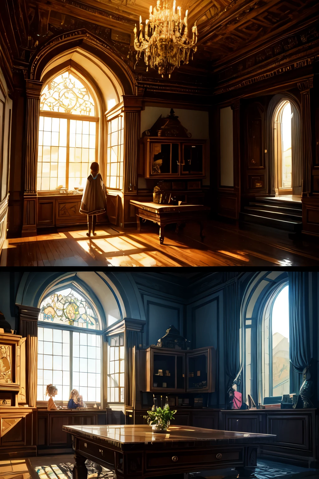 a detailed fantasy scene of three young girls exploring an ancient, mysterious house, detailed eyes and faces, highly realistic, photorealistic, 8k, hyper detailed, beautiful intricate architecture, crumbling ruins, sunlight filtering through windows, cobwebs, dust motes, antique furniture, ornate details, sense of adventure and discovery, warm color tones, dramatic lighting