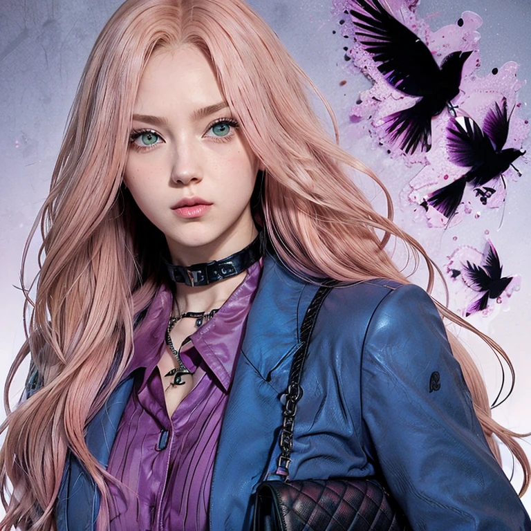 young woman, long pink hair, wide forehead, porcelain skin, pink eyebrows, big emerald green eyes, buttoned nose, thick lips, heart-shaped face, slender body, small breasts, pink leather dress, Sakura Haruno, realistic, realism black details 3d