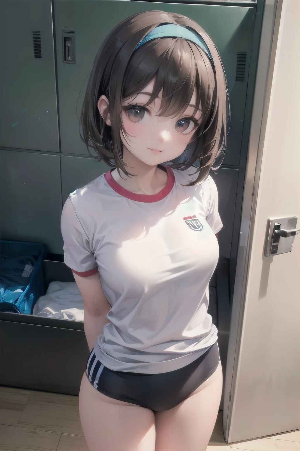 very cute and beautiful girl,(highly detailed beautiful face),(smile),happy,looking at viewer,
(navyblue buruma),standing,arms behind back,detailed legs,white training shirt,short sleeve,
locker room in training gym,black hair,hair band,
(best quality,masterpiece),absurdres,highres,ultra-detailed,extremely detailed,32k,8k resolution,
intricate details,cinematic scene,detailed background,solo,dynamic angle,(realistic,photorealistic),cute darkbrown eyes,